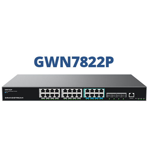GWN7821P-7822P_2-1 Grandstream GWN7822P Layer 3
Managed Multi-Gigabit Network Switch, 8x 2.5GbE, 16x GbE RJ45 PoE 802.3
af/at, 30W for port 1-16, 60W for port 17-24, 360W total power budget, 2x
SFP+, Internal PSU, optional redundant PSU - Image 1